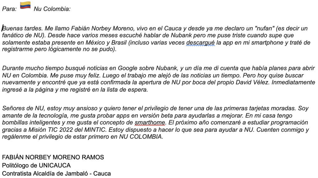 Imagen del mail de Fabián Norbey Moreno, residente del resguardo indígena de Jambaló, en el Cauca.
