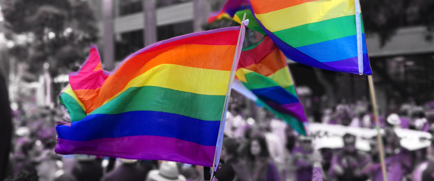 Día del Orgullo LGBTQIA+. Una martc ha callejera con banderas multicolores flameando.