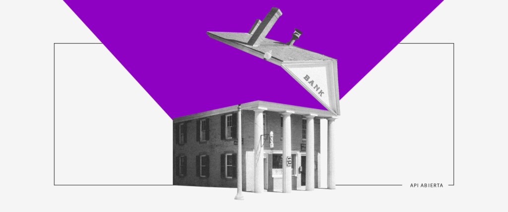 Open Banking: ¿qué es? Qué es Open Banking. Imagen de un banco cuyo techo se abre como una lata; un cielo morado de fondo.