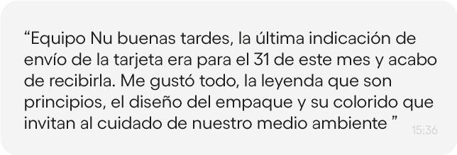 Imagen de mensaje de texto de cliente Nu opinando sobre el Kit de Bienvenida de Nu.