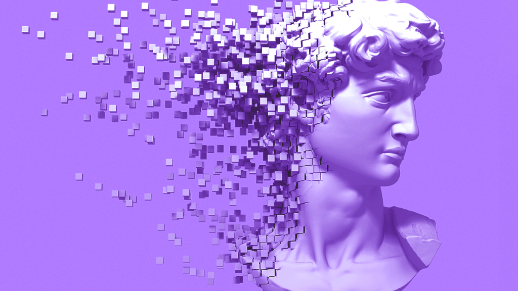 Mes del Arte: después de todo, ¿por qué las artes plásticas son tan caras? Imagen de artes plásticas en Nu. David de Miguel Ángel deshaciéndose en píxeles de color morado.