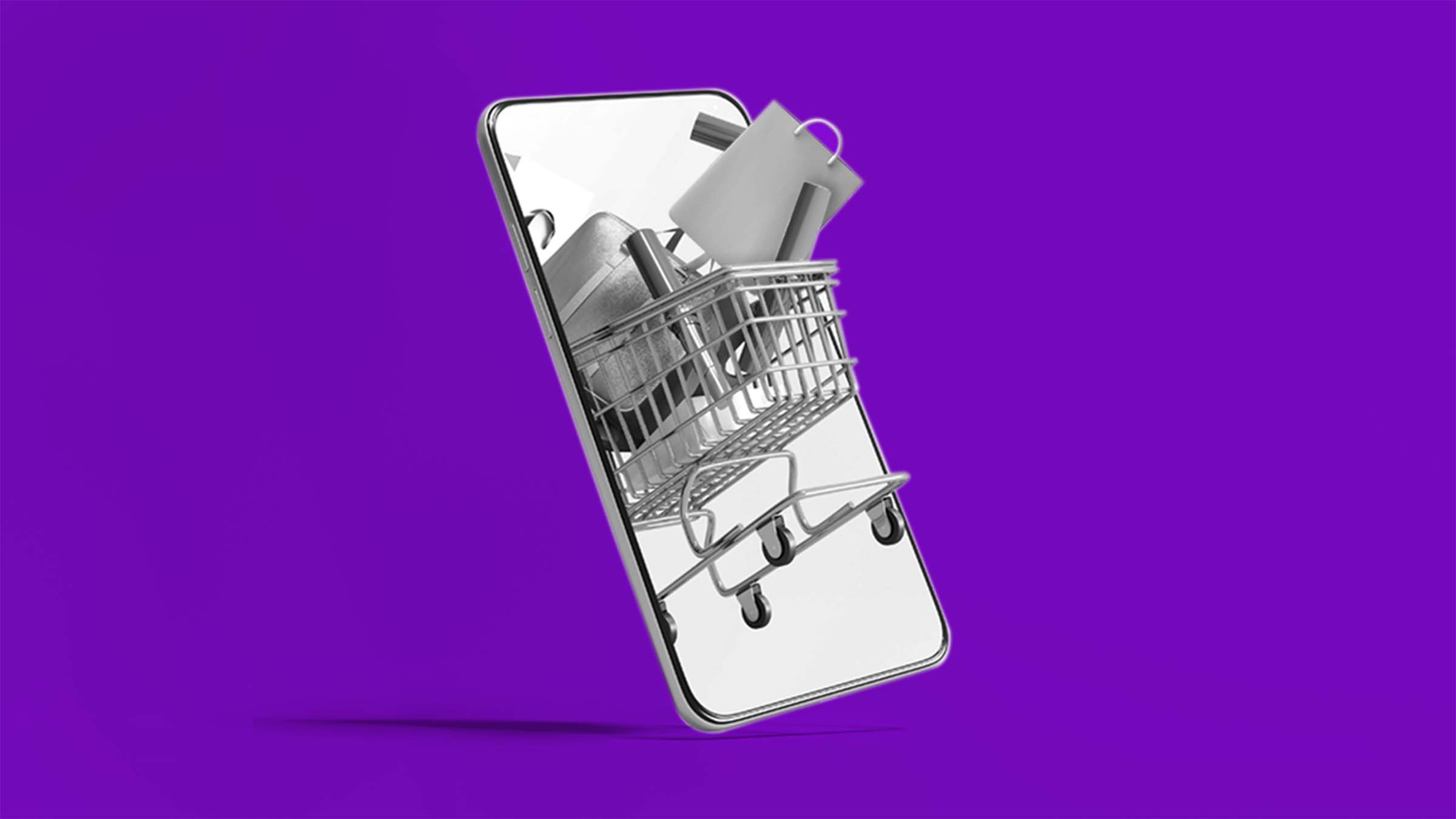 Cómo no perder el control (ni la cabeza) durante el Black Friday 2021 Collage de un carrito de spermercado entrando en un celular: Black Friday 2021