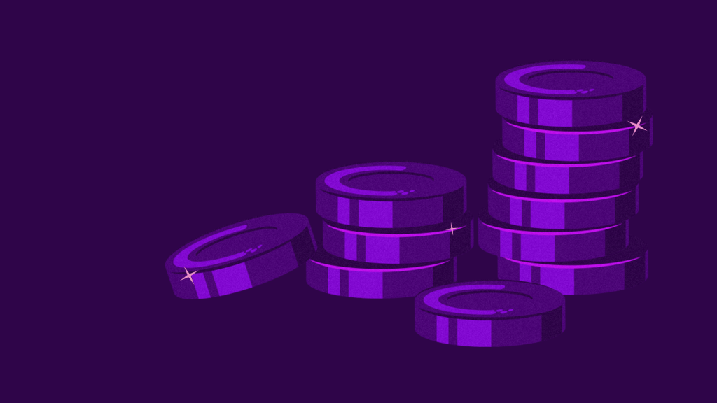 Cuenta de nómina: ¿qué es, cómo funciona y cuándo vale la pena? El dibujo de dos pilas desordenadas de monedas moradas. Cuenta de nómina: ¿qué es, cómo funciona y cuándo vale la pena?