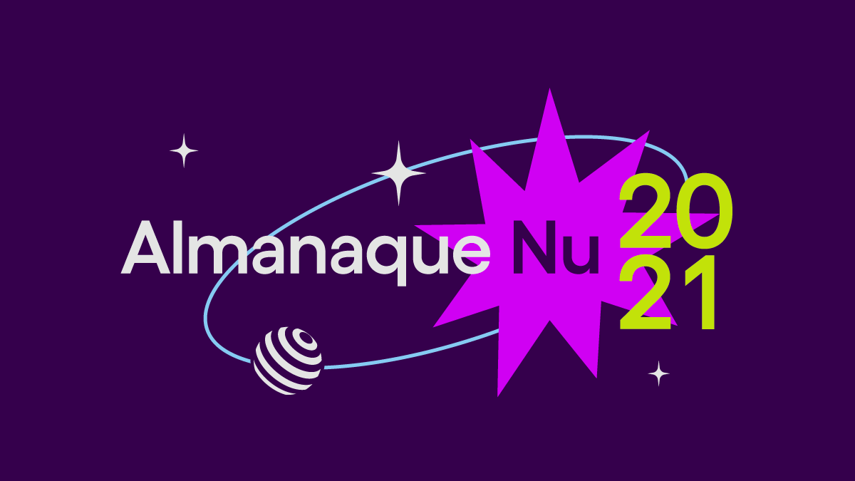 Una estrella morada con la palabra Nu, el número del año 2021 y un satélite orbitando a su alrededor