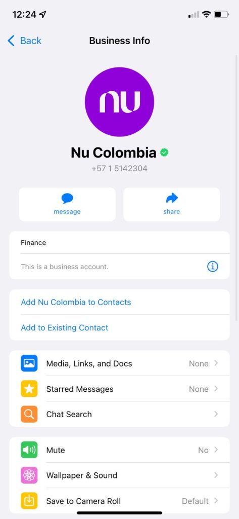 Imagen del número de contacto de la cuenta de Nu verificada.
