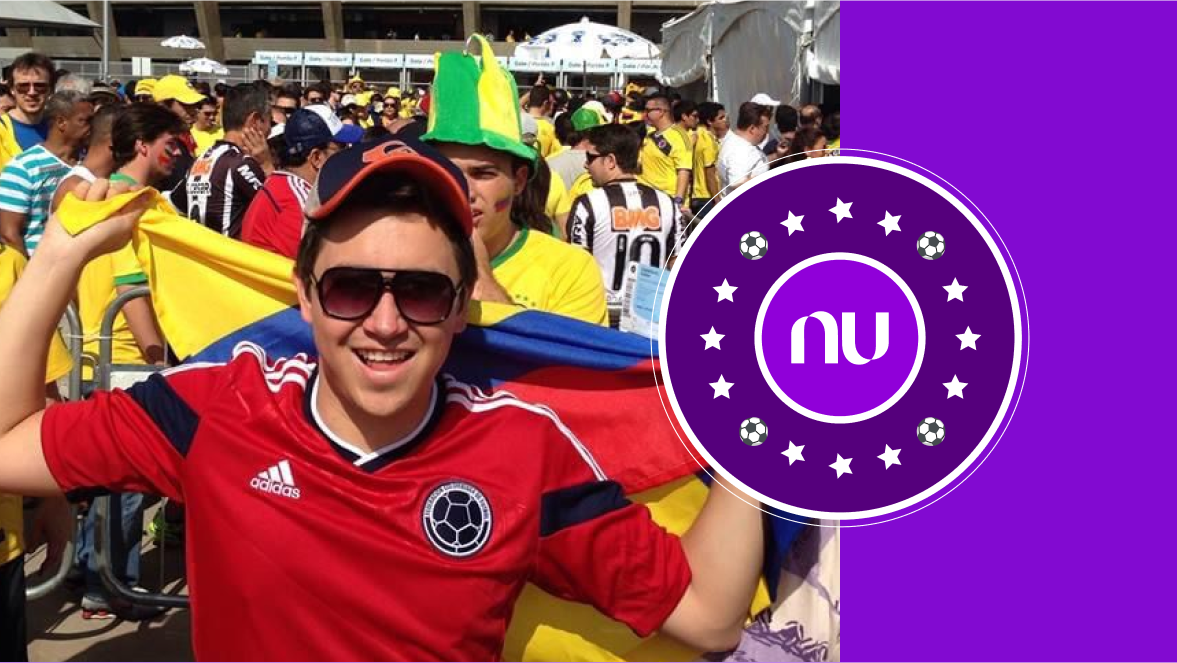 Juan Diego Porras, admirador de Nu, con la bandera de Colombia frente al estadio de Belo Horizonte. Gol de James: diario de una ilusión