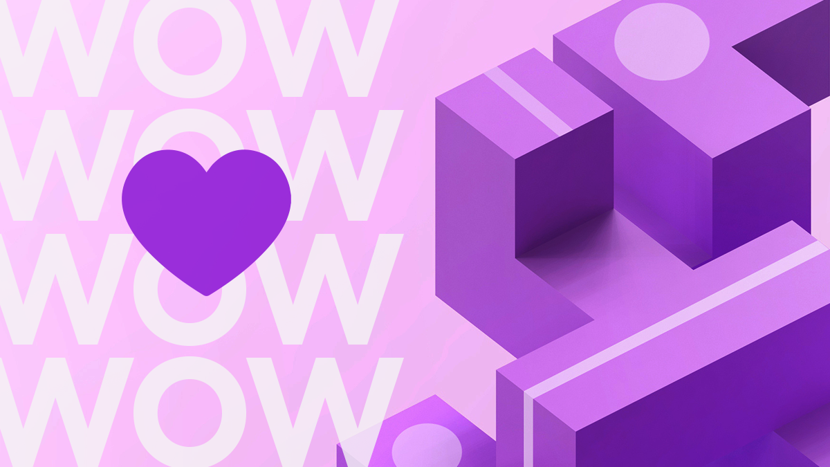 Los mejores WOW de Nu Colombia de 2022. Ilustración de lego con la palabra WOW y un corazón morado. Los mejores WOW de Nu Colombia de 2022.