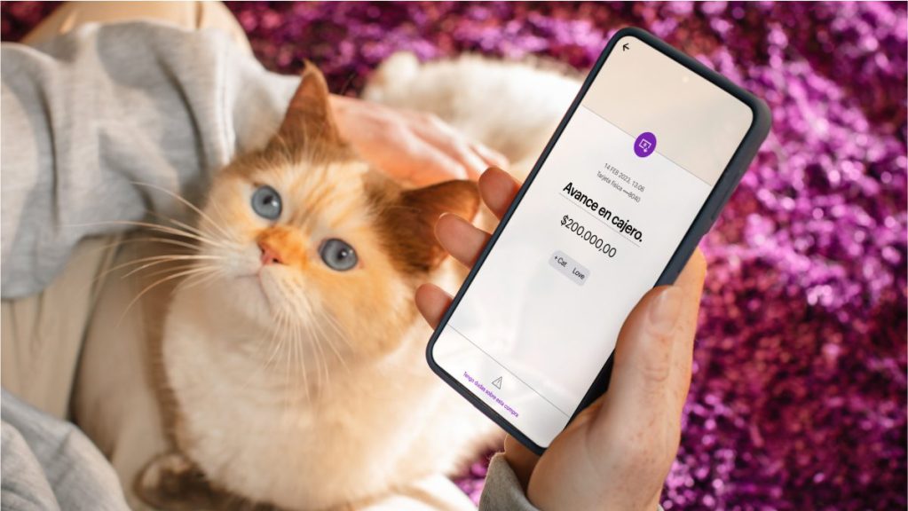 Vive más con Nu: Pelusa, Dormilón y los avances en efectivo Foto de gato mirando al dueño que en su mano tiene el celular con la tarjeta virtual de Nu.