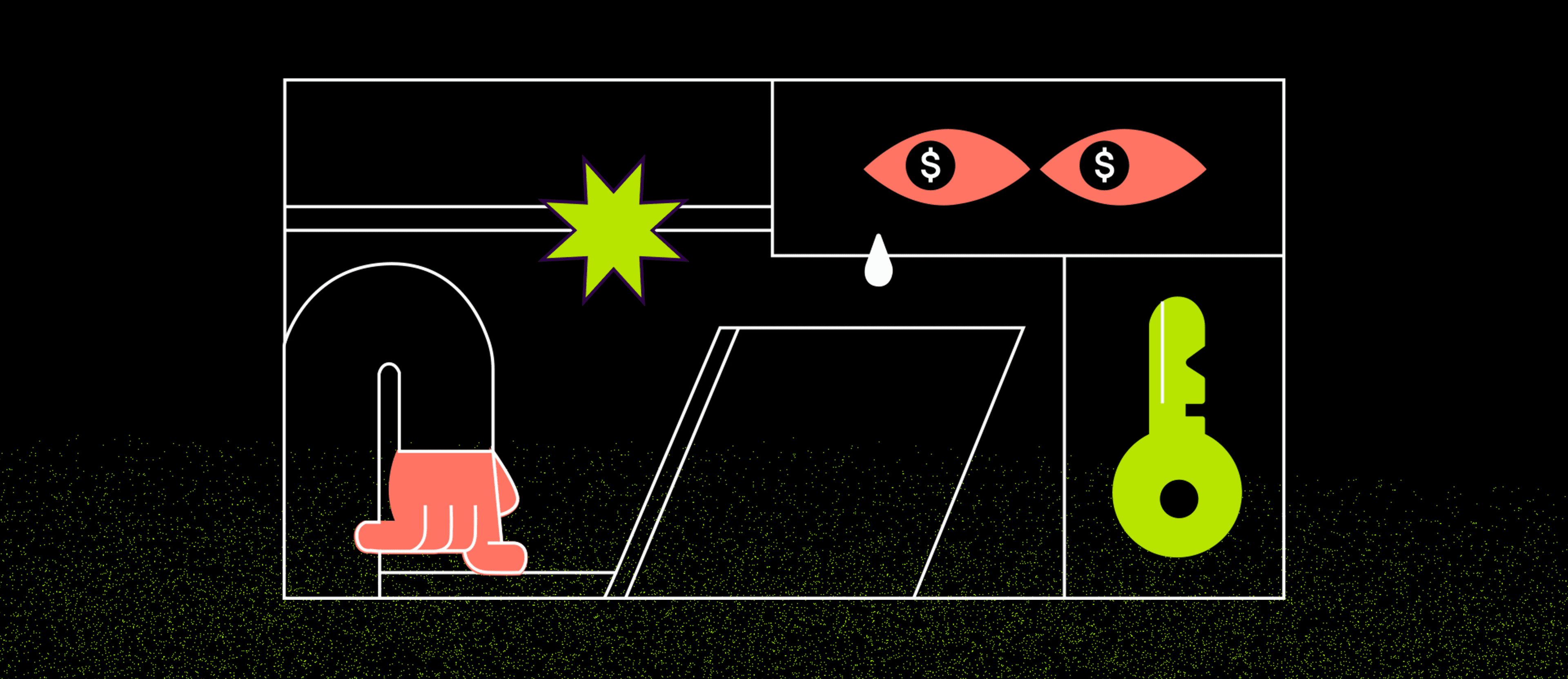 Malware y virus en celulares: qué son y cómo protegerse Imagen de fondo negro con illustración de ojos y mano naranja y una llave verde