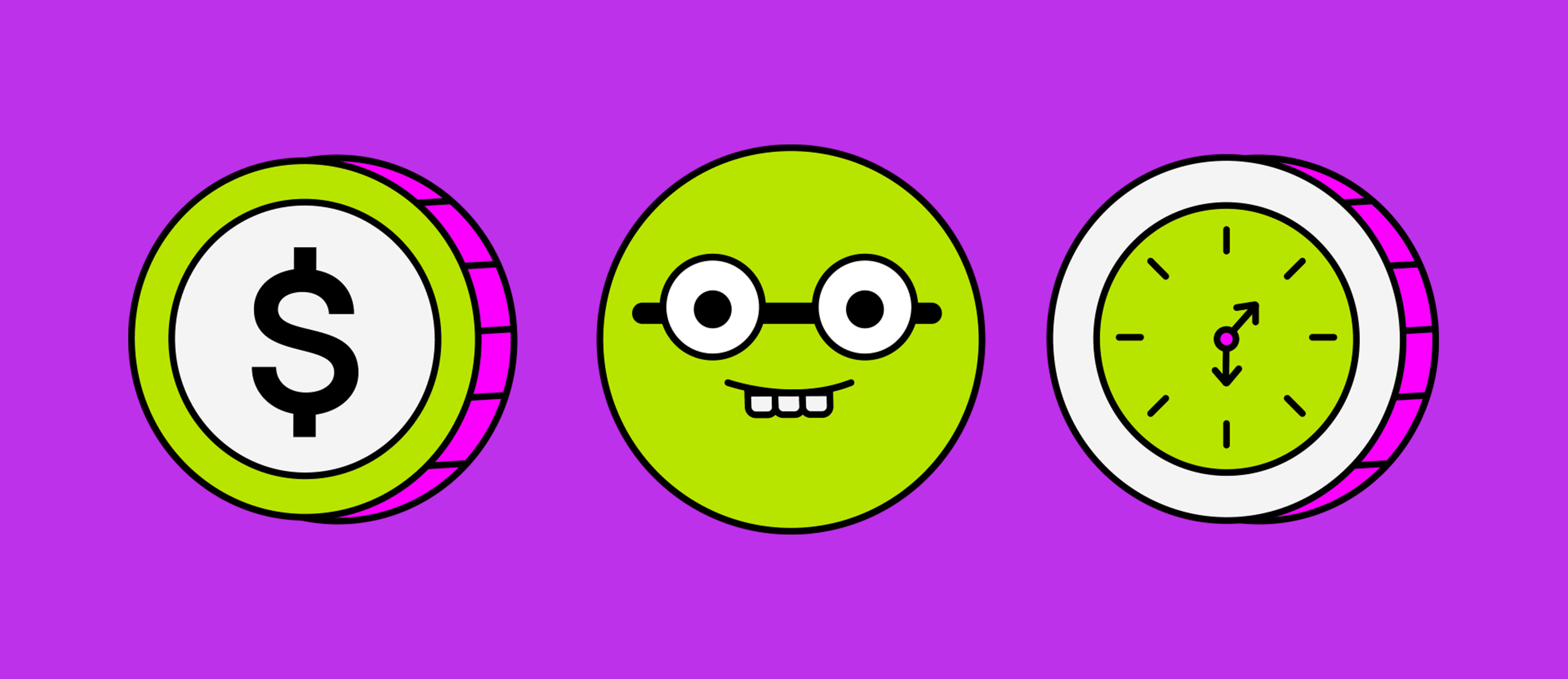 Ofertas de trabajo falsas: 5 precauciones para evitar caer en estafas Imagen de fondo fucsia con una moneda, una cara con gafas y un reloj