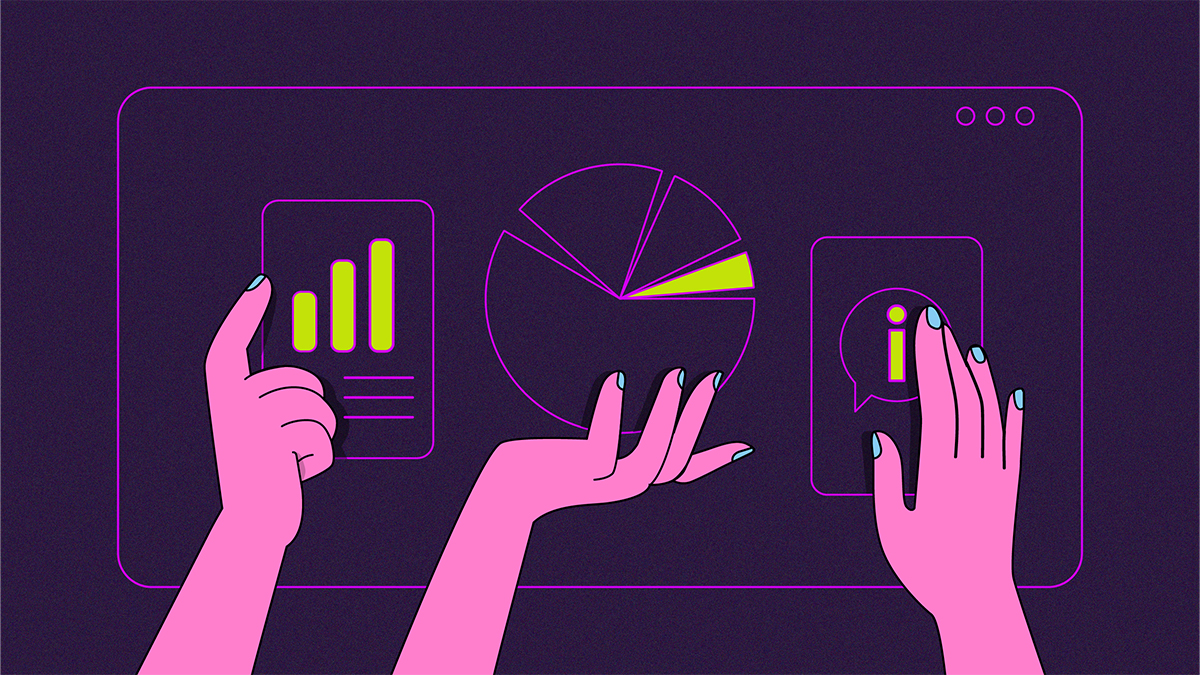 ¿Es lo mismo Banca Abierta y Finanzas Abiertas? Fondo morado oscuro con varias manos rosadas con símbolos de torta y barras de crecimiento