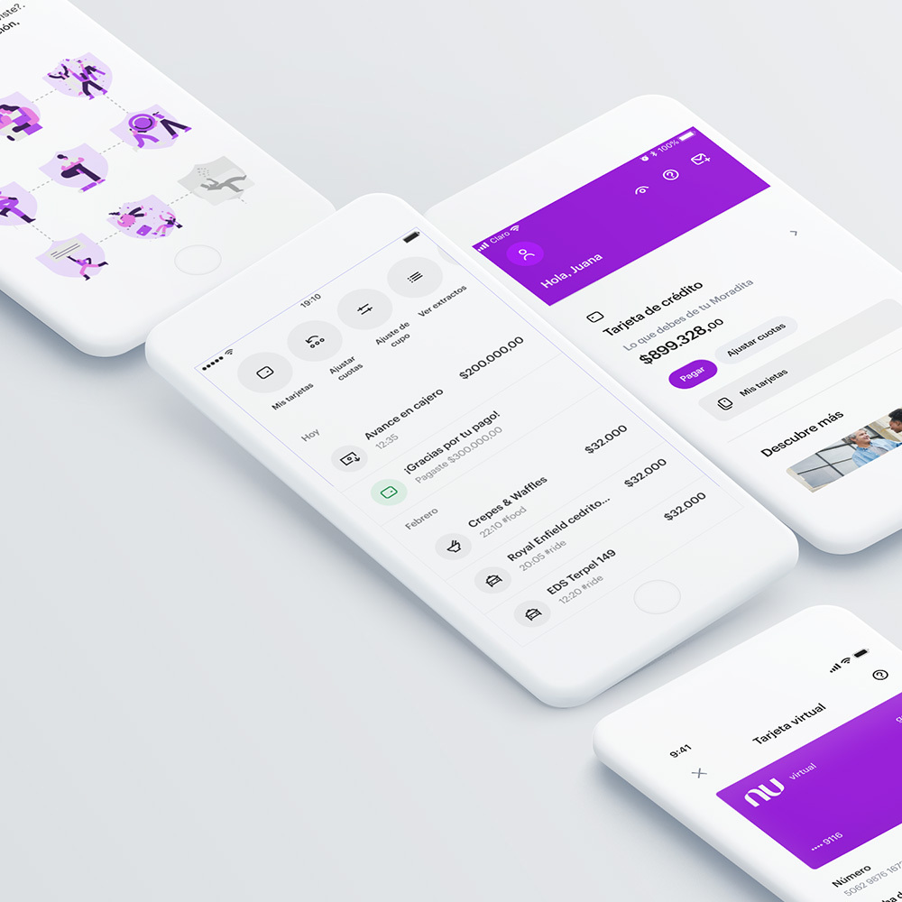 Imagen de fondo gris don varios celulares y pantallas de la aplicación de Nu de cómo etiquetar productos