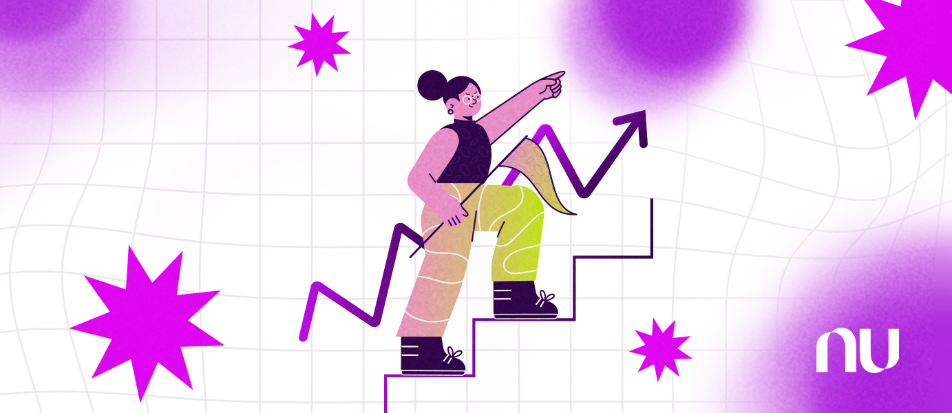 Ilustración de mujer subiendo las escaleras y apuntando hacia la cima. ¿Qué es un plan de carrera?