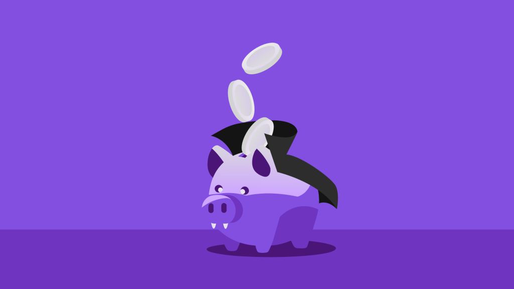 Más allá de Halloween: el día mundial del ahorro Imagen de alcancía de marrano disfrazado de vampiro. Más allá de Halloween: Día mundial del ahorro.