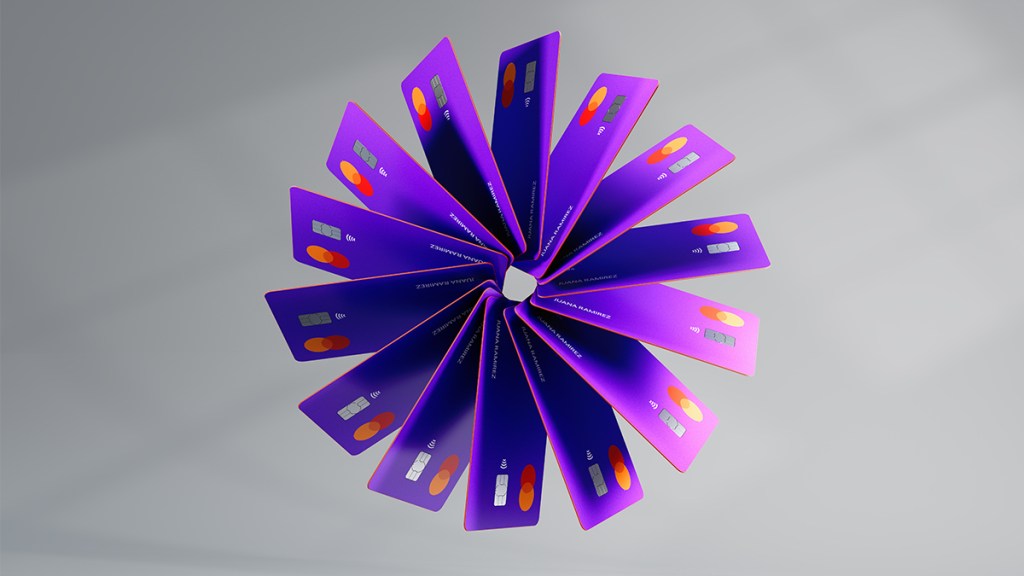 Nu llega a los 90 millones de clientes Mandala de tarjetas moradas con fondo gris