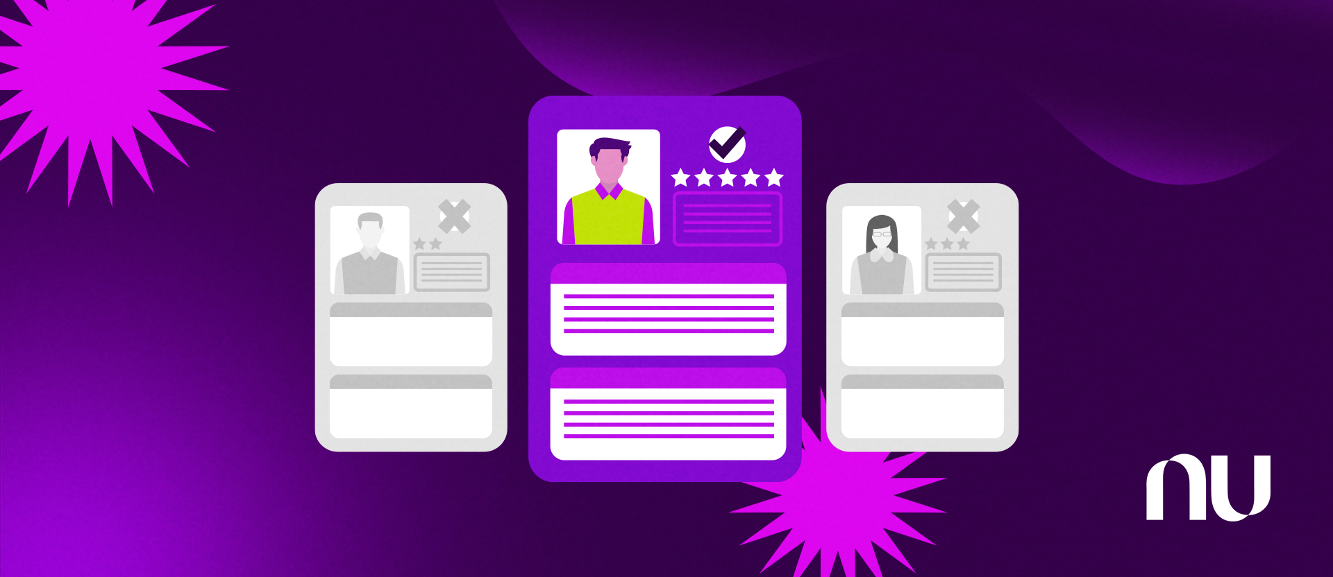 Ilustración de 3 perfiles profesionales, el de la mitad resaltado. Proceso de selección.