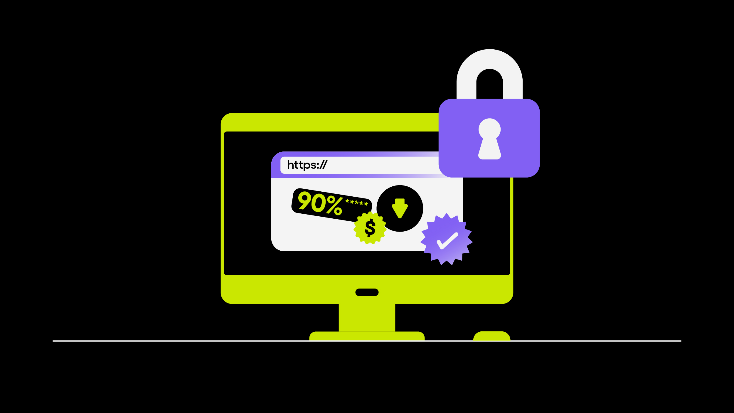 Ilustración de pantalla de computador con un candado. Protégete de estafas durante el Black Friday.