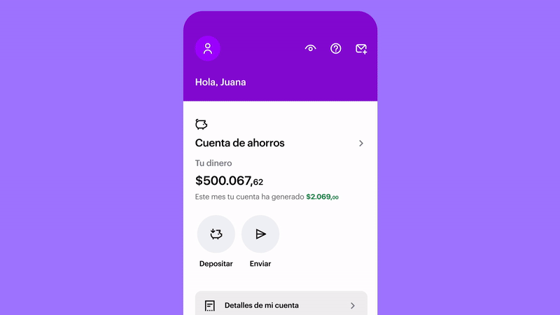 Gif con los pasos en tu app de Nu para poder realizar un depósito con otrra Cuenta Nu