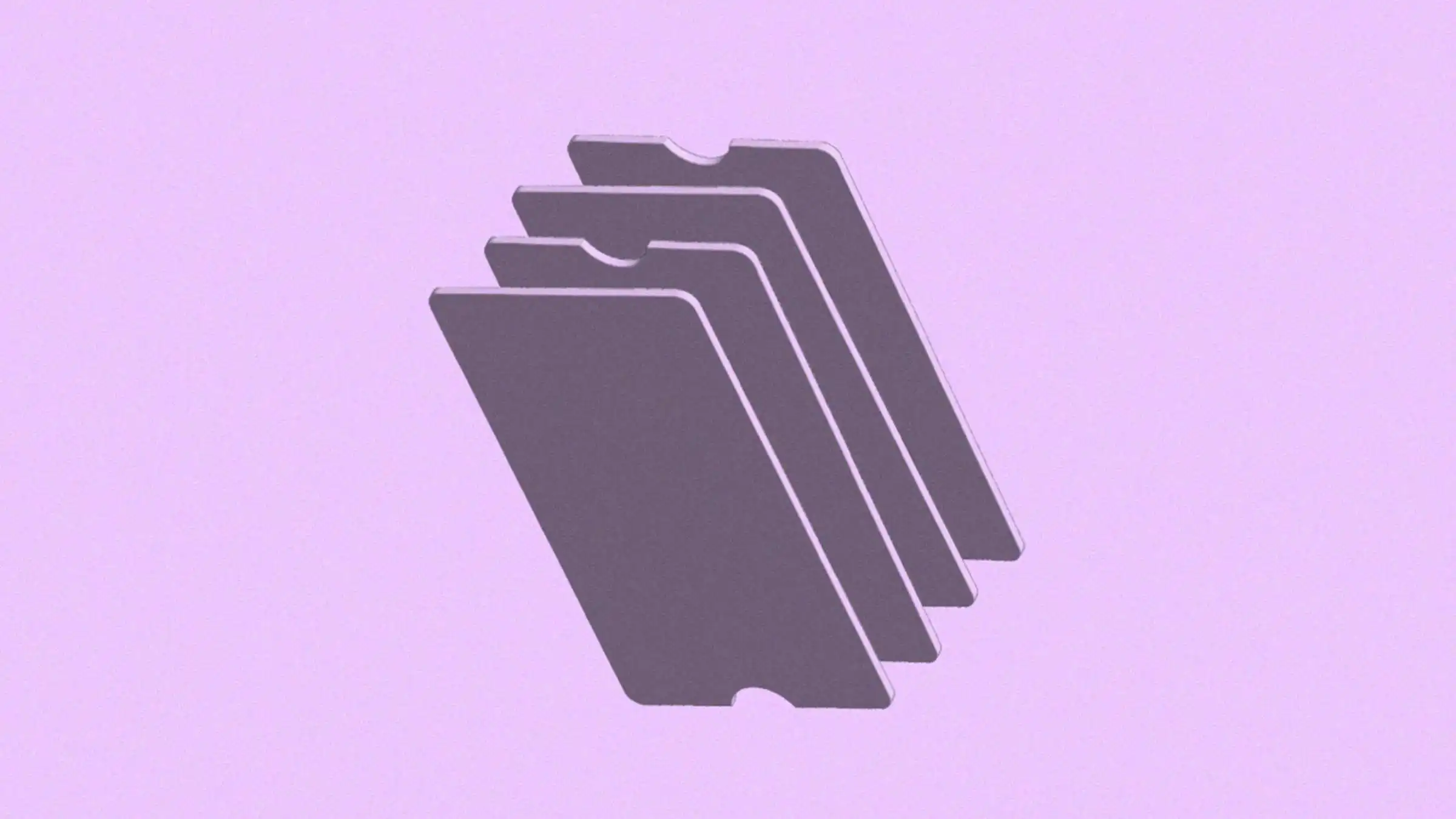 Ilustración en tonalidades moradas con una pila de tarjetas débito de la Cuenta Nu