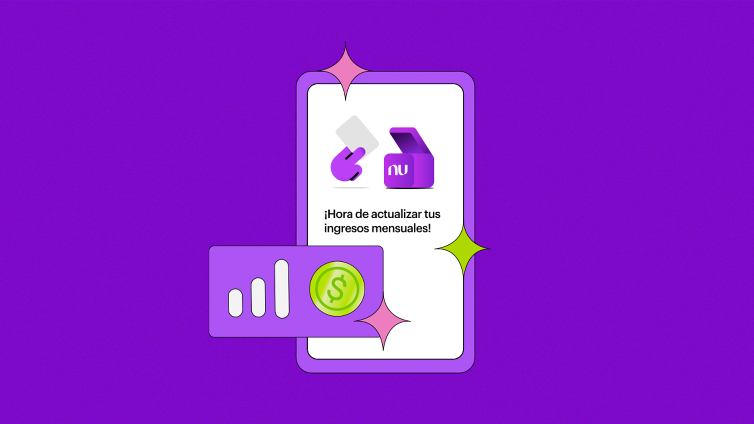Cambia tus ingresos desde nuestra aplicación Nu en pocos pasos. Ilustración con iconos.