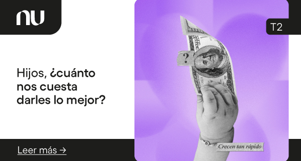 Imagen del pódcast de Nu sobre los costos de criar hijos y la mano de bebé sosteniendo un billete.