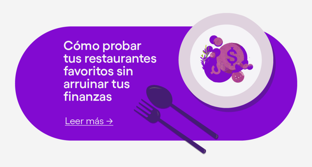Ilustración de plato de comida. Cómo probar tus restaurantes favoritos sin arruinar tus finanzas.