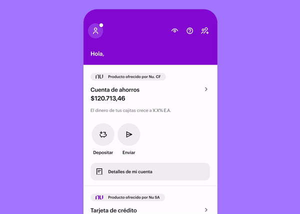 GIF con el paso a paso para encontrar las tasas de interés dentro de la app de Nu.