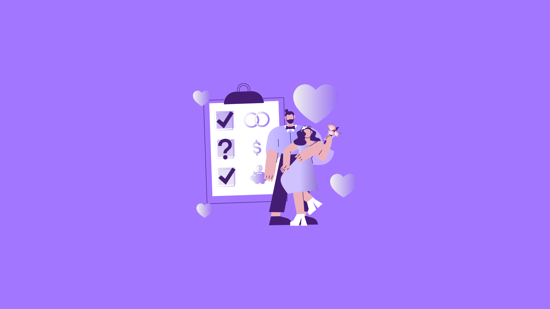 Ilustración de una pareja planeando su boda. ¿Cuánto te cuesta pedirle matrimonio a tu pareja?