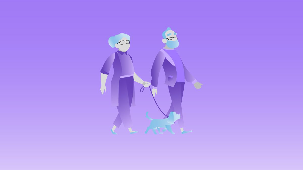 Ilustración de pareja de abuelos paseando a su mascota. Ahorrar para la pensión ¿Cómo empezar?