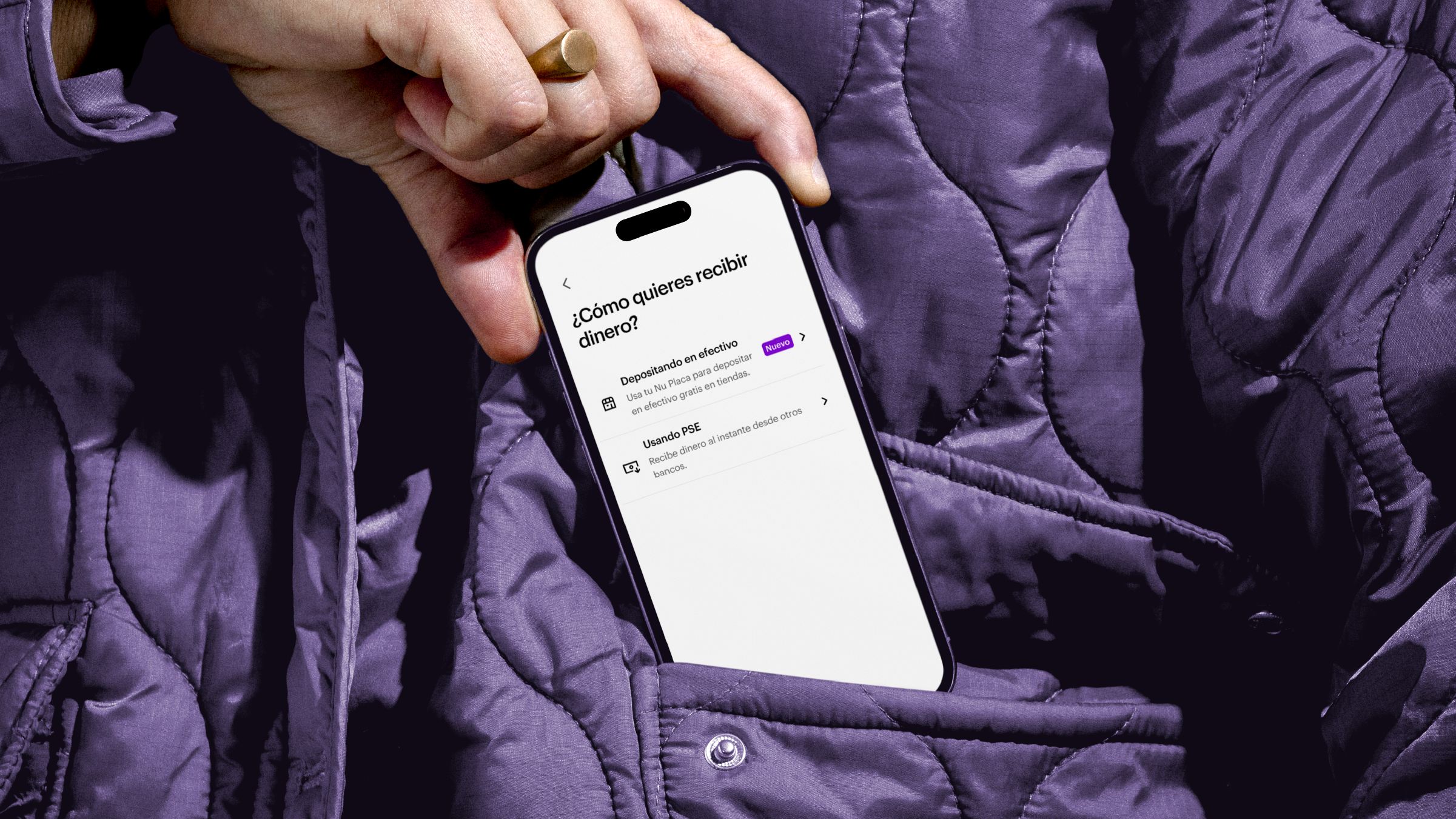 Imagen de celular con la Cuenta Nu. Deposita en efectivo a tu Cuenta Nu en corresponsales Puntored.
