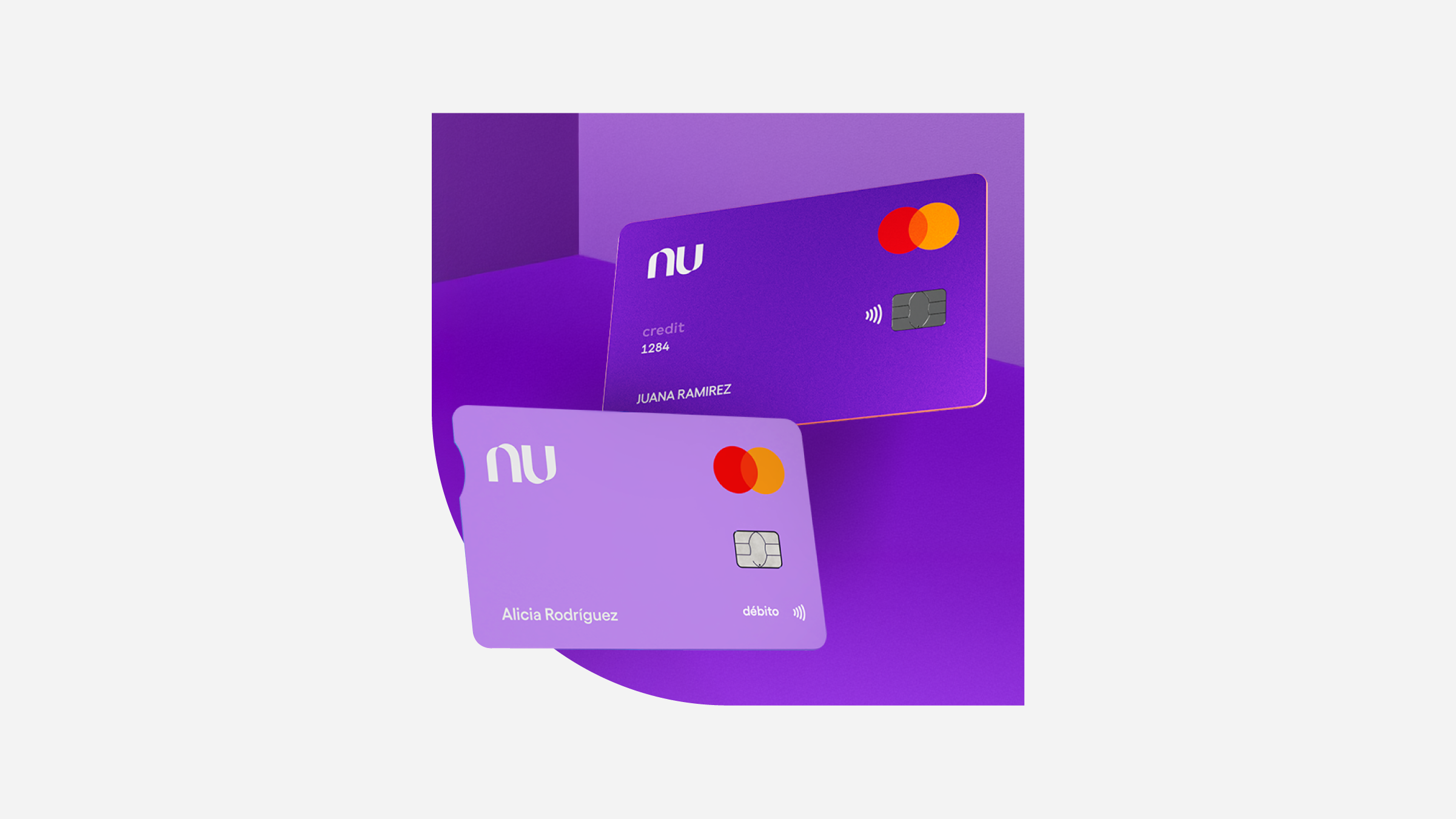 Imagen de las tarjetas de crédito y débito de Nu. Crédito o débito, ¿cuál usar en tu día a día?