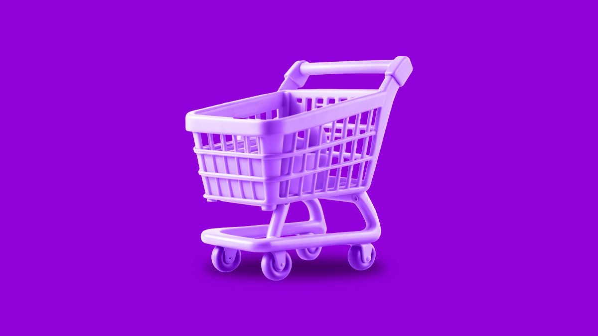 Ilustración de carrito de mercado morado. Alimentos para ciclistas ¿qué compran en el mercado?