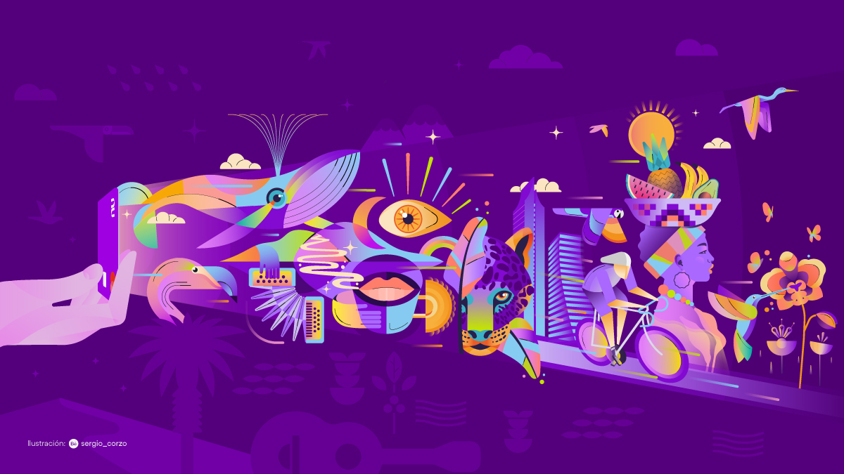 Ilustración del kit de bienvenida de Nu Colombia de la mano de el artista Sergio Corzo.