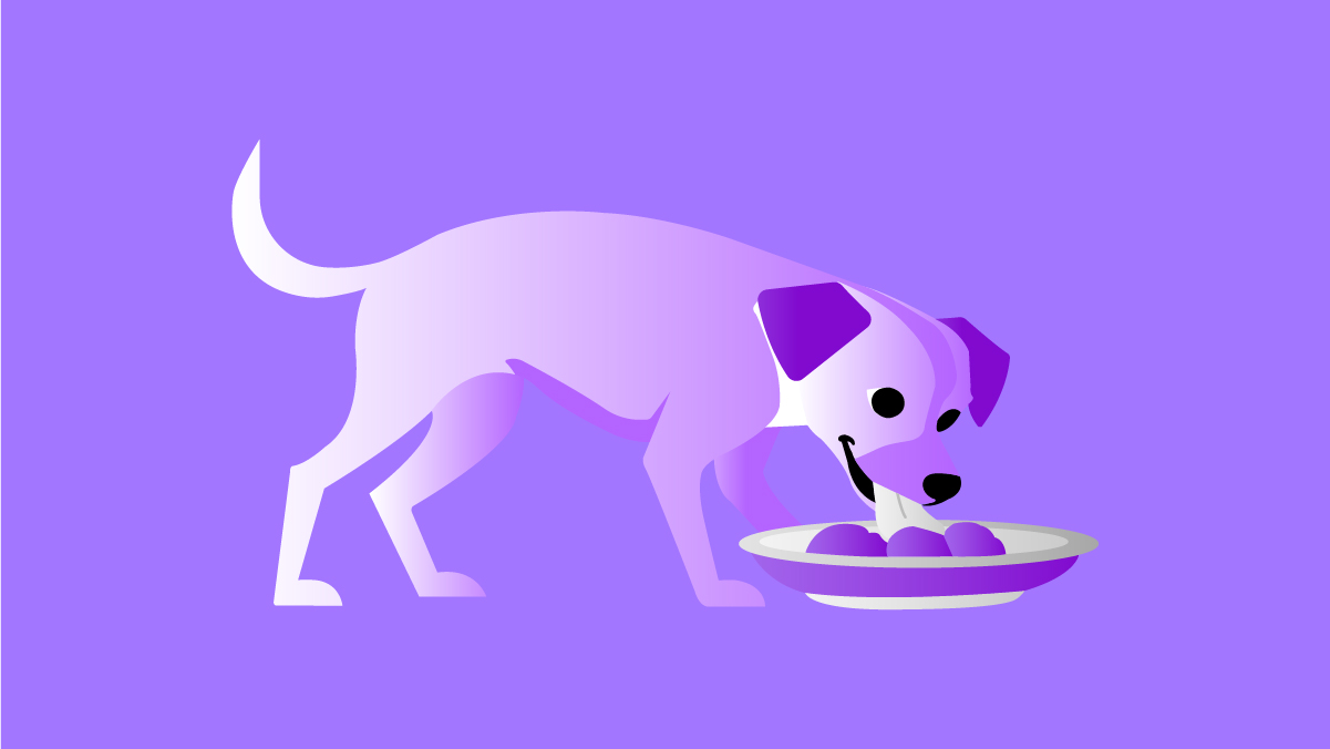 Ilustración de un perro comiendo. Dieta BARF para tu perro ¿Cuál es su relación calidad precio?