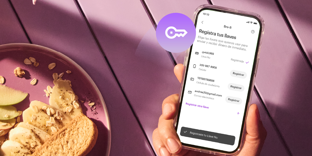 Imagen registro de llaves Nu, devolución del 4x1000. Con Bre-B en Nu no te preocupes por el 4×1000.