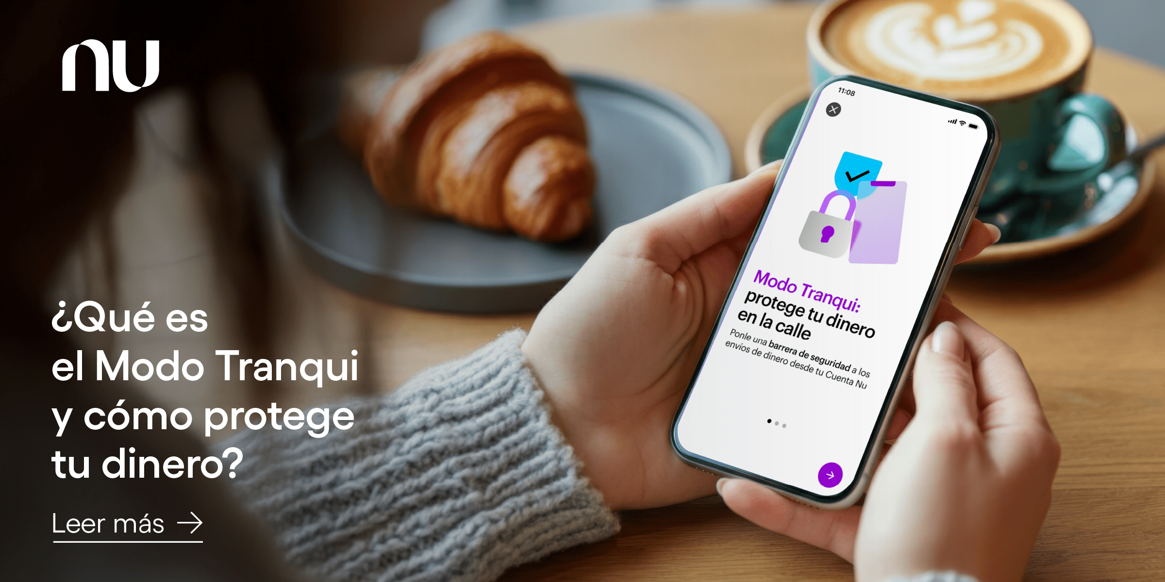 Imagen de persona en la app de Nu activando el Modo Tranqui para proteger su dinero.