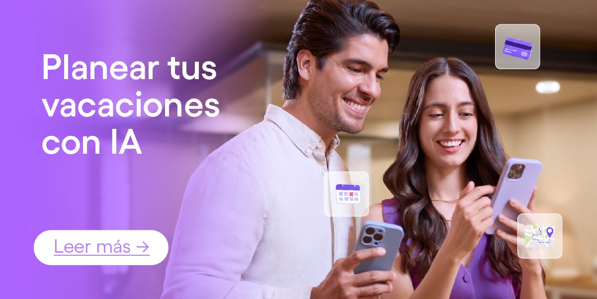 Imagen de pareja feliz revisando su viaje. Planear tus vacaciones con IA de forma segura