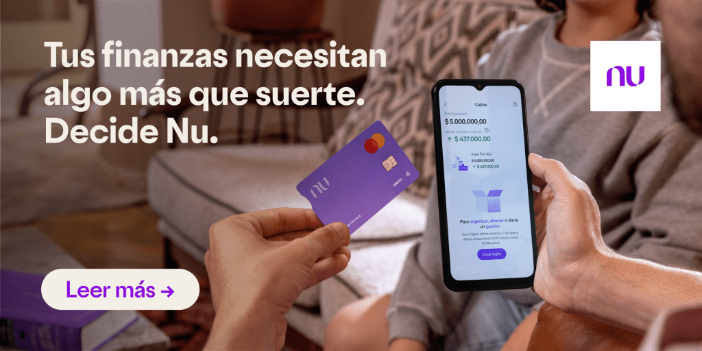 Persona usando la cajita de ahorro de Nu. Tus finanzas necesitan algo más que suerte. Decide Nu