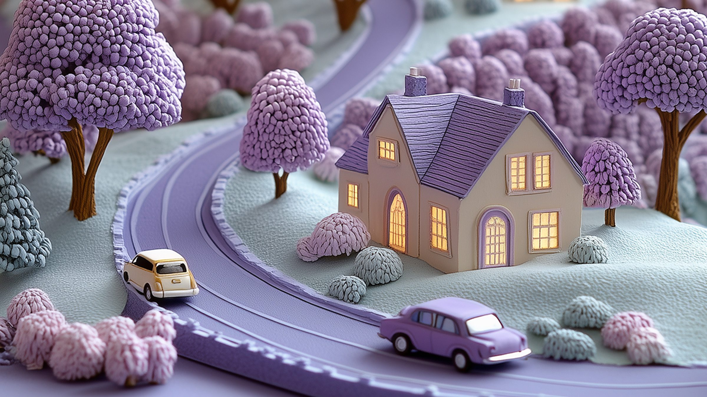 Un pueblo en miniatura con un coche circulando por la carretera entre casas y árboles pequeños. Independencia financiera a los 30, 40 o 50: qué es y por dónde empezar
