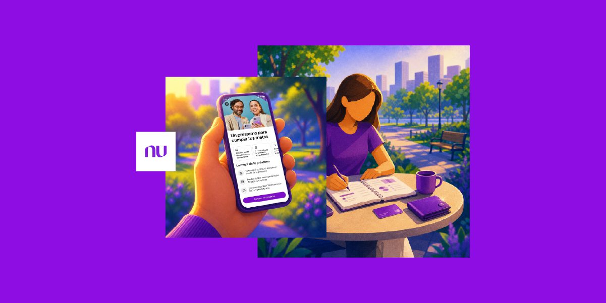 Tu primer préstamo personal: cómo pedirlo y qué esperar Mujer sentada en una mesa con un teléfono, todo sobre un fondo morado. Tu primer préstamo personal: cómo pedirlo y qué esperar