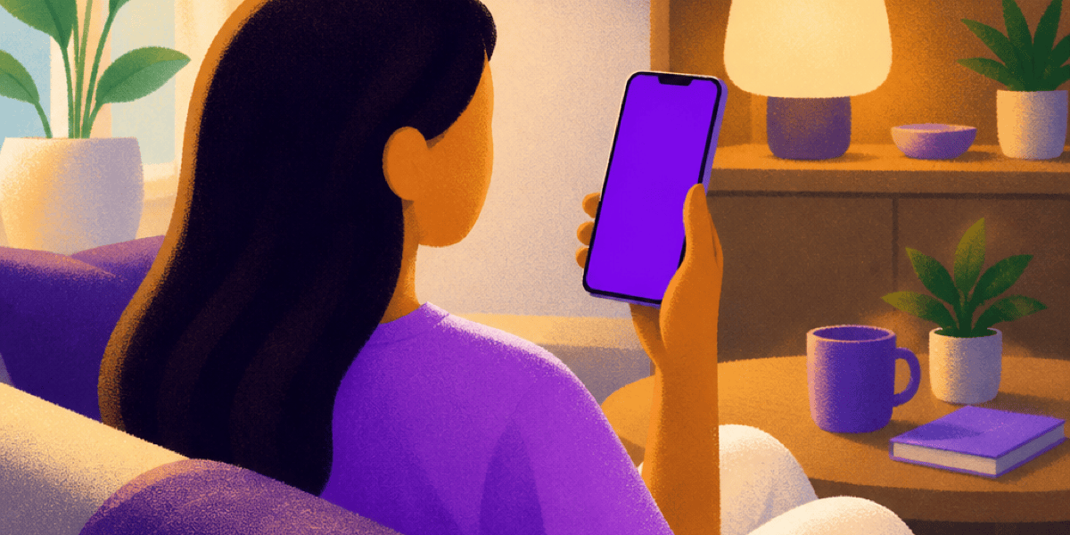 ¿Qué hacer si sospechas fraude en tu cuenta? Pasos claros para actuar ya Mujer en un sofá, con un teléfono púrpura en la mano, mirando la pantalla con interés. ¿Qué hacer si sospechas fraude en tu cuenta? Pasos claros para actuar ya
