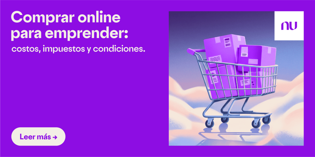 Carrito de supermercado cargado con varias cajas de color púrpura. Comprar online para emprender: costos, impuestos y condiciones.