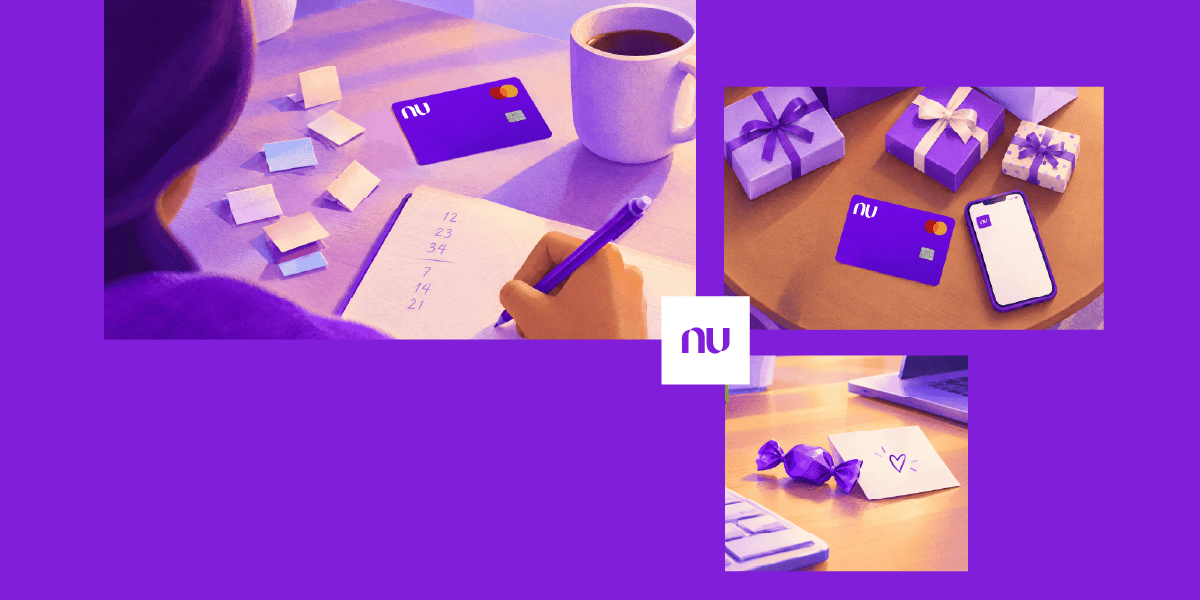Mujer calculando en un cuaderno, con regalos y dulces de amigo secreto, todo sobre un fondo morado. ¿Cuánto te cuesta jugar amigo secreto?