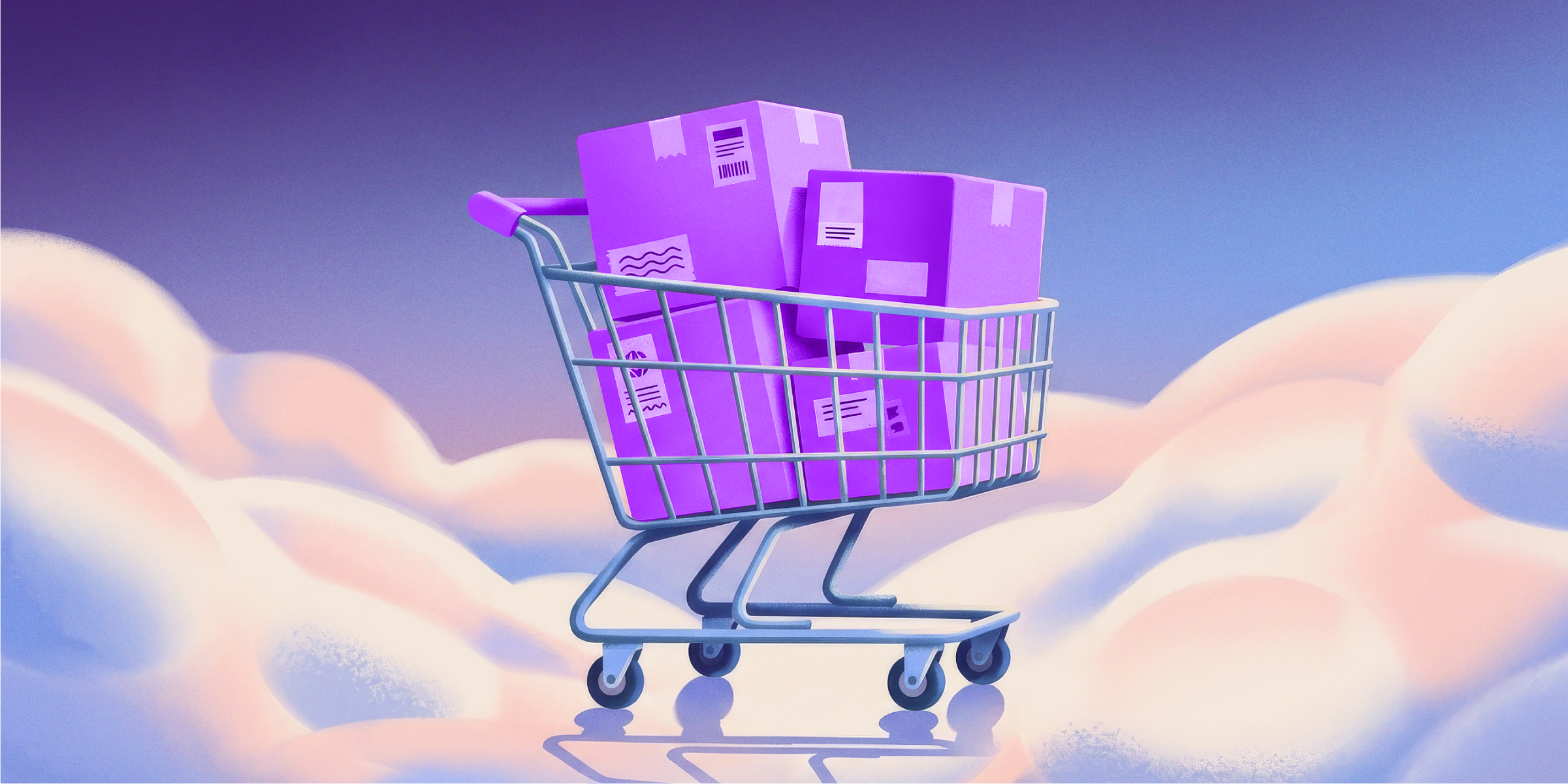 Carrito de supermercado cargado con varias cajas de color púrpura. Comprar online para emprender: costos, impuestos y condiciones.