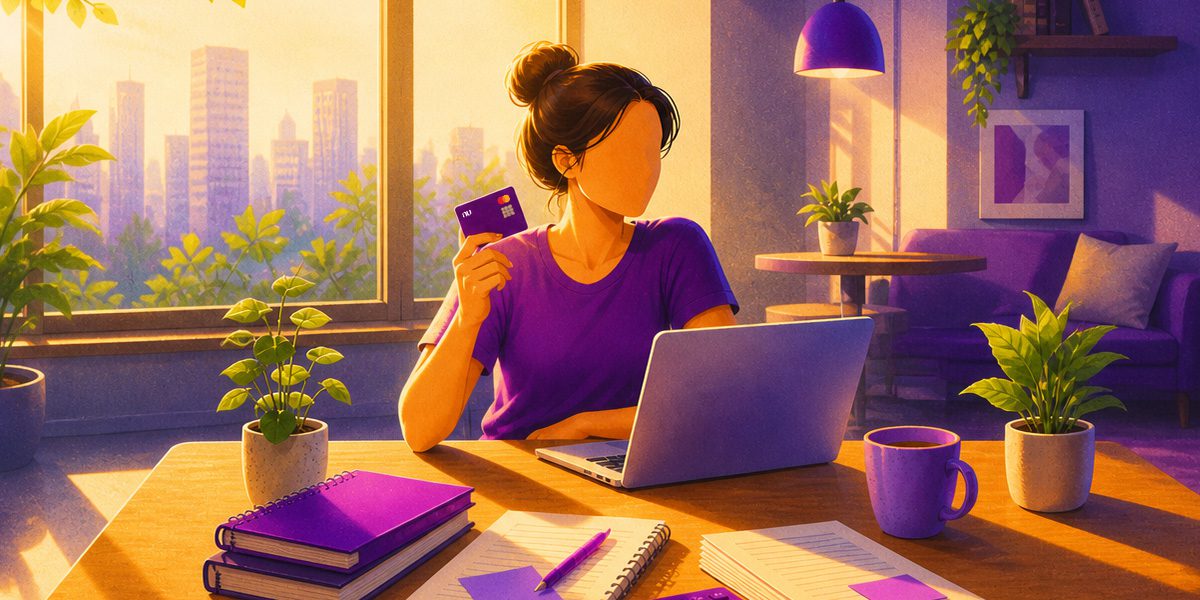 Mujer en un escritorio, con un computador abierto y una tarjeta de crédito en la mano. ¿Puedo tener una tarjeta de crédito si soy trabajador independiente?