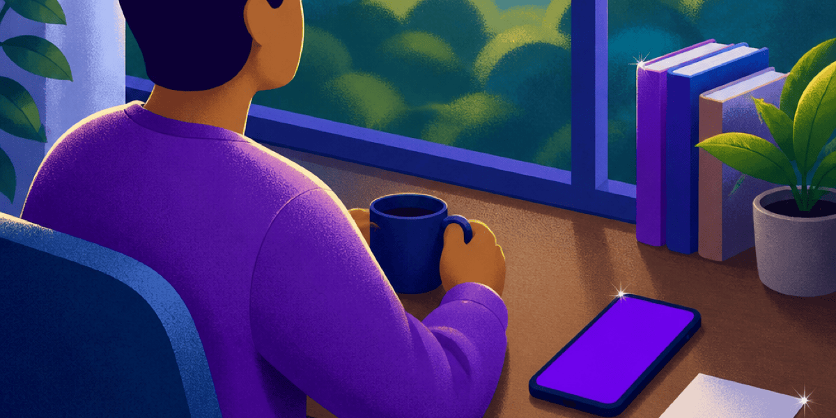 Hombre sentado en un escritorio, sosteniendo una taza de café y mirando su celular. Registro en Nu: datos, cómo funciona y qué hacer si algo falla.